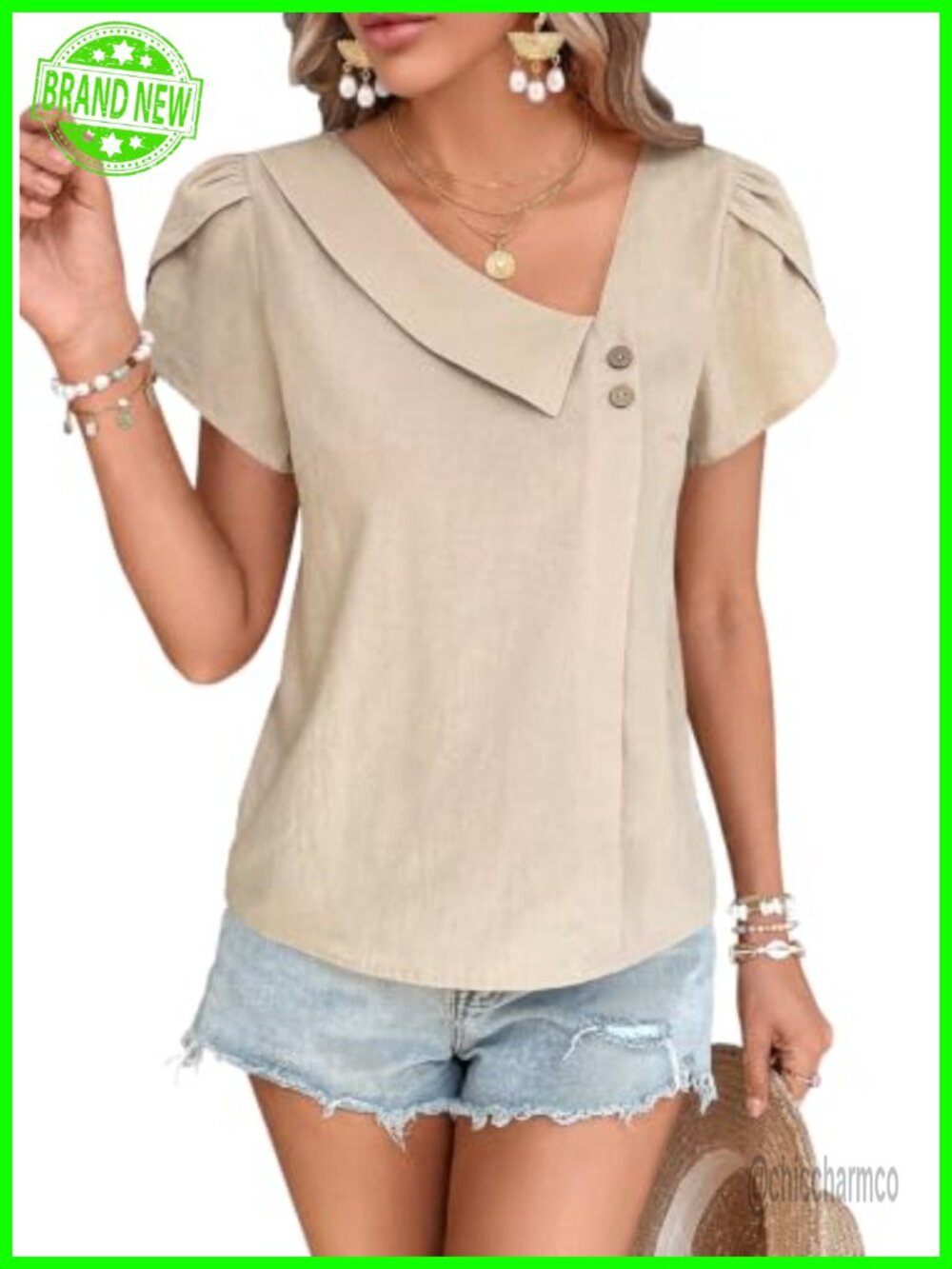 Womens Asymmetric V-Neck Blouse with Petal Sleeves and Button Detail